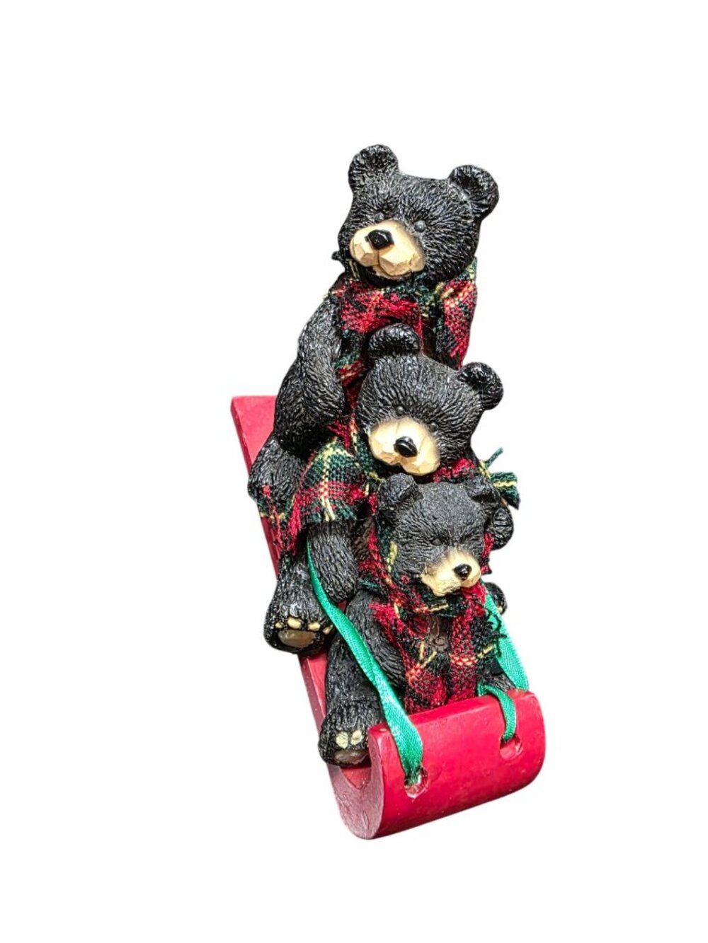 Three Black Bear Cubs Riding Red Winter Sled Holiday Figurine